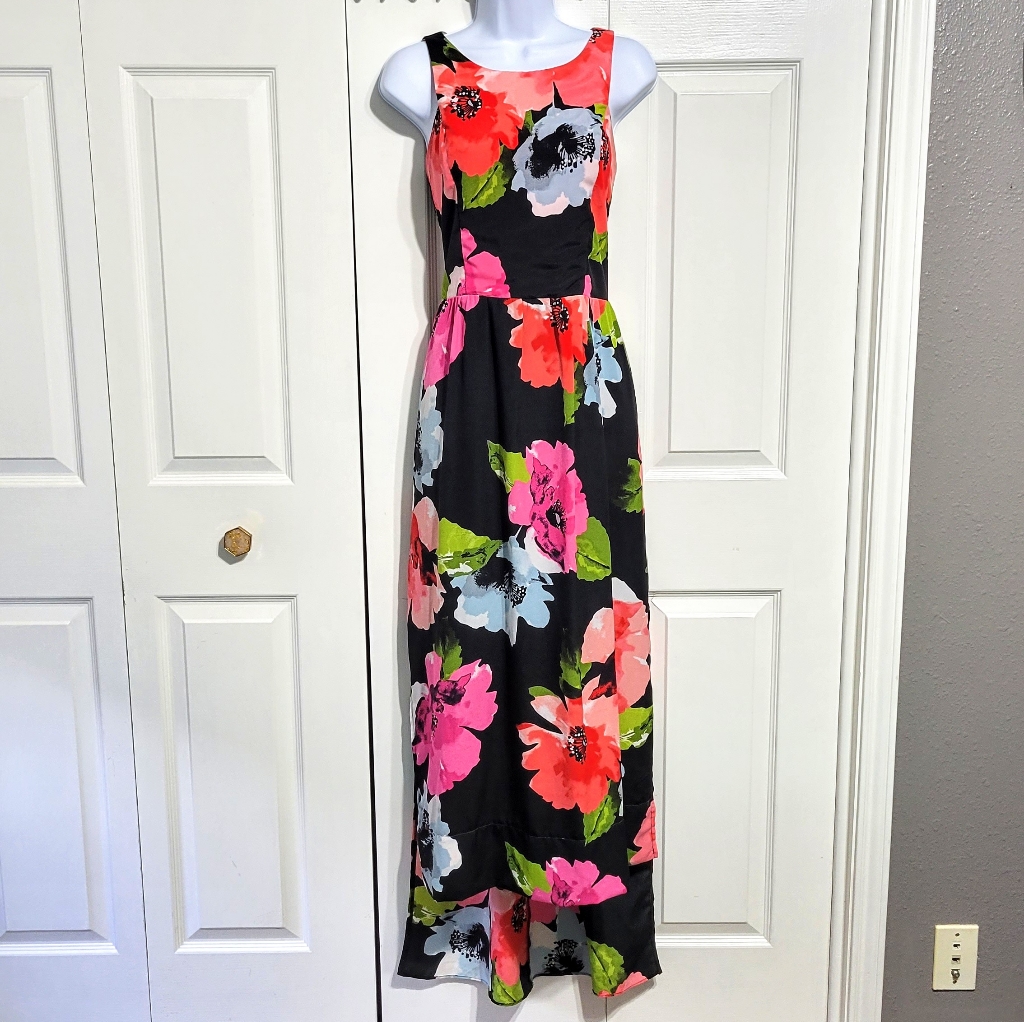 Vince Camuto Floral Maxi Dress Hi-Low Black Flowey Sleeveless Coral